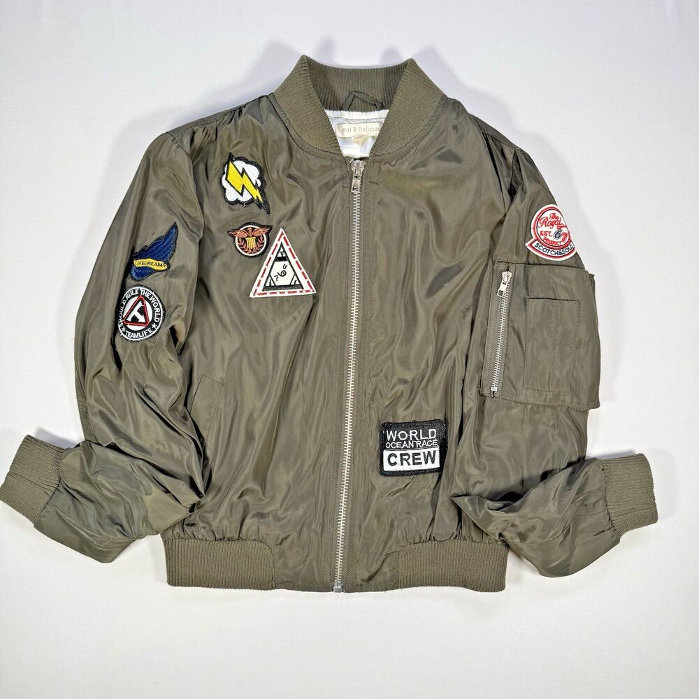 Hot & Delicious Olive Green Bomber Jacket Women’s Patches World Crew Military
